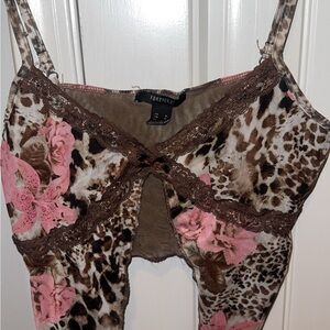 Forever 21 Brown Leopard Print Top with Pink Accents